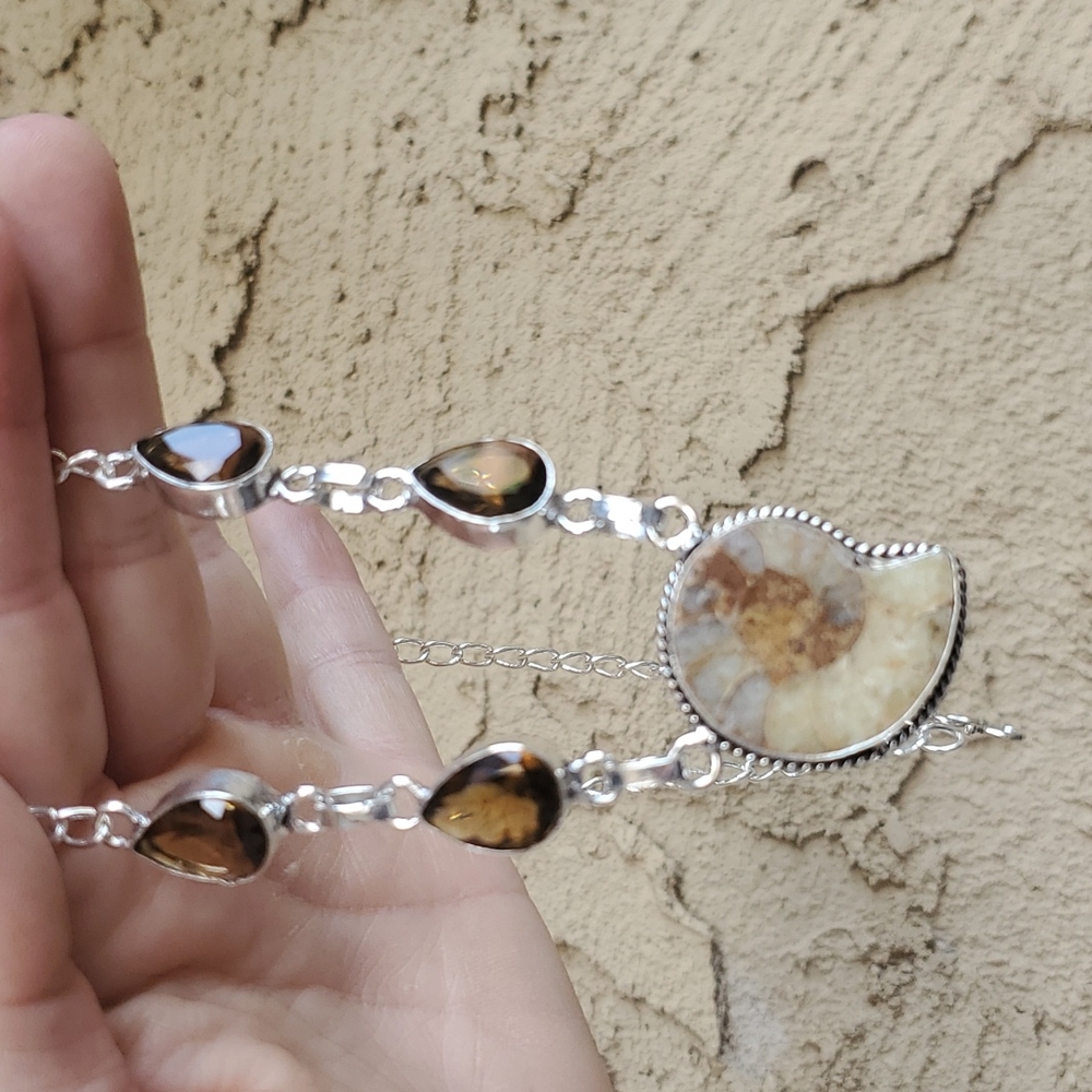 New Ammonite Fossil and Smoky Topaz 925 Silver Necklace. - Picture 8 of 16